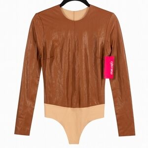 Commando Preppy Faux Leather Long Sleeve Crew Neck Bodysuit Cocoa Small (2-4)